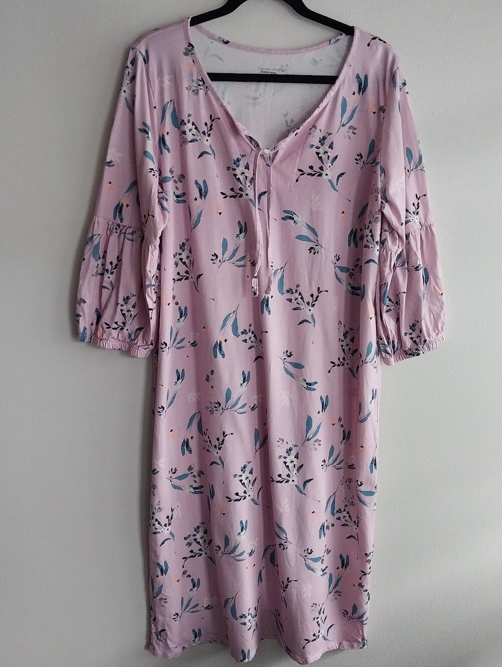 Garnet Hill Pink & Blue Floral Cotton 3/4 Sleeve Midi Loungewear Nightgown